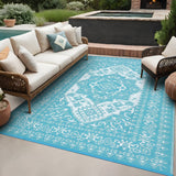 Garvee Outdoor Light Blue & White 9x18 Plastic Straw Rug, Waterproof Stain Resistant Reversible Carpet for Camping, Backyard, RV, Patio - Light Blue & White