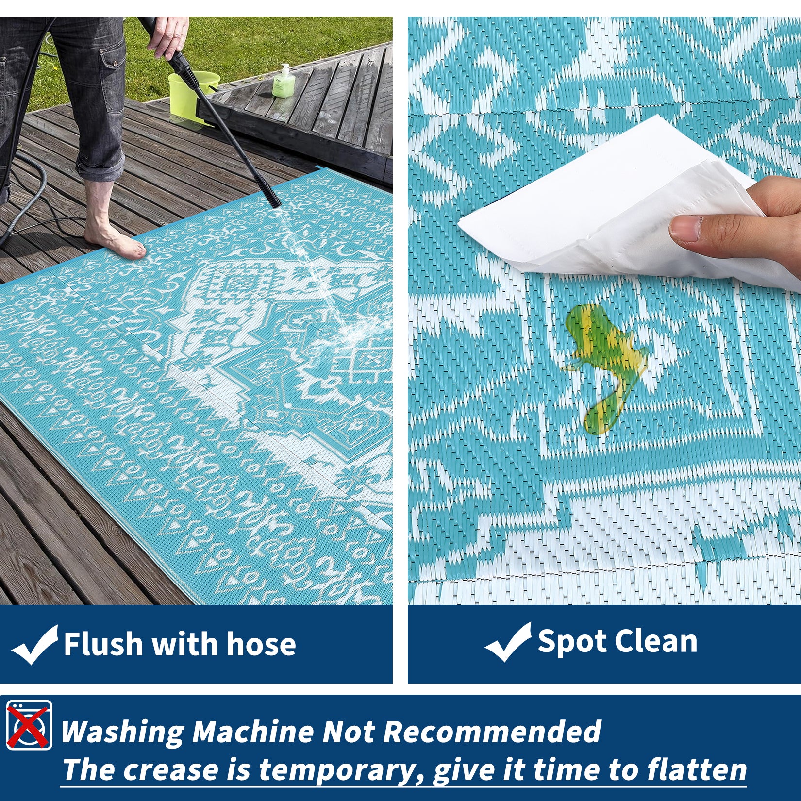 Garvee Outdoor Light Blue & White 9x18 Plastic Straw Rug, Waterproof Stain Resistant Reversible Carpet for Camping, Backyard, RV, Patio