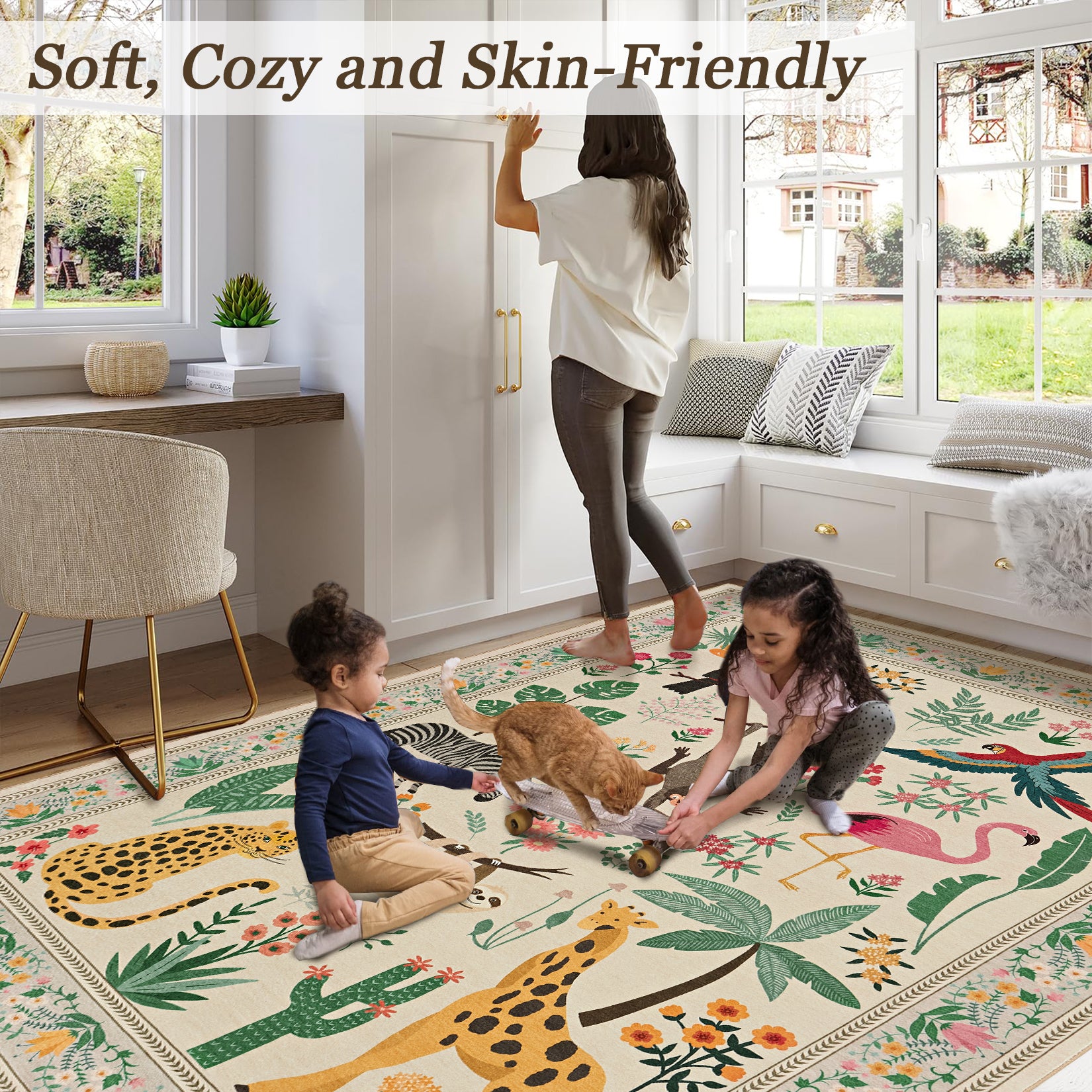Garvee 2x6 Washable Kitchen Runner Rug With Non Slip Backing, Soft Low Pile Vintage Animal Design For Hallway, Bedroom, Kitchen, Entryway, Beige