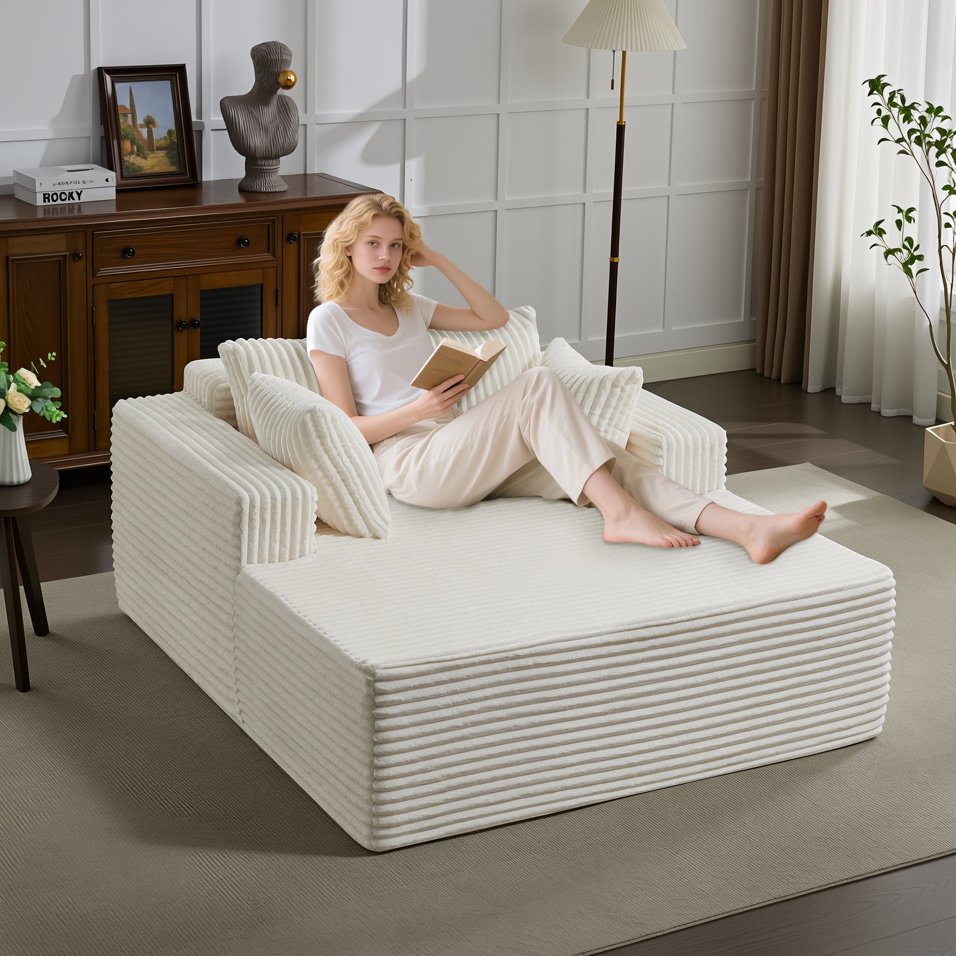 Garvee Oversized 61'' Corduroy Chaise Lounge Chair, Boneless Couch Cloud Sleeper Sofa Bed with High-Density Foam, 4 Plush Pillows & Armrests, No Assembly, for Living Room, Bedroom, Creamy