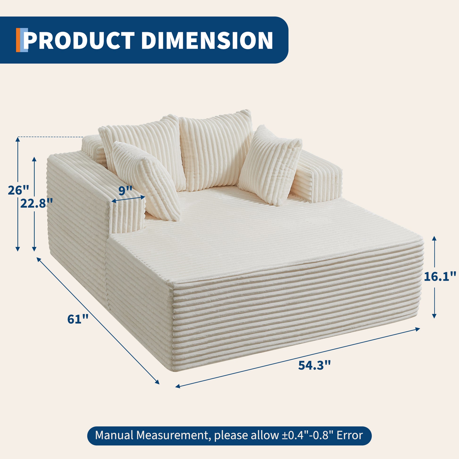 Garvee Oversized 61'' Corduroy Chaise Lounge Chair, Boneless Couch Cloud Sleeper Sofa Bed with High-Density Foam, 4 Plush Pillows & Armrests, No Assembly, for Living Room, Bedroom, Creamy