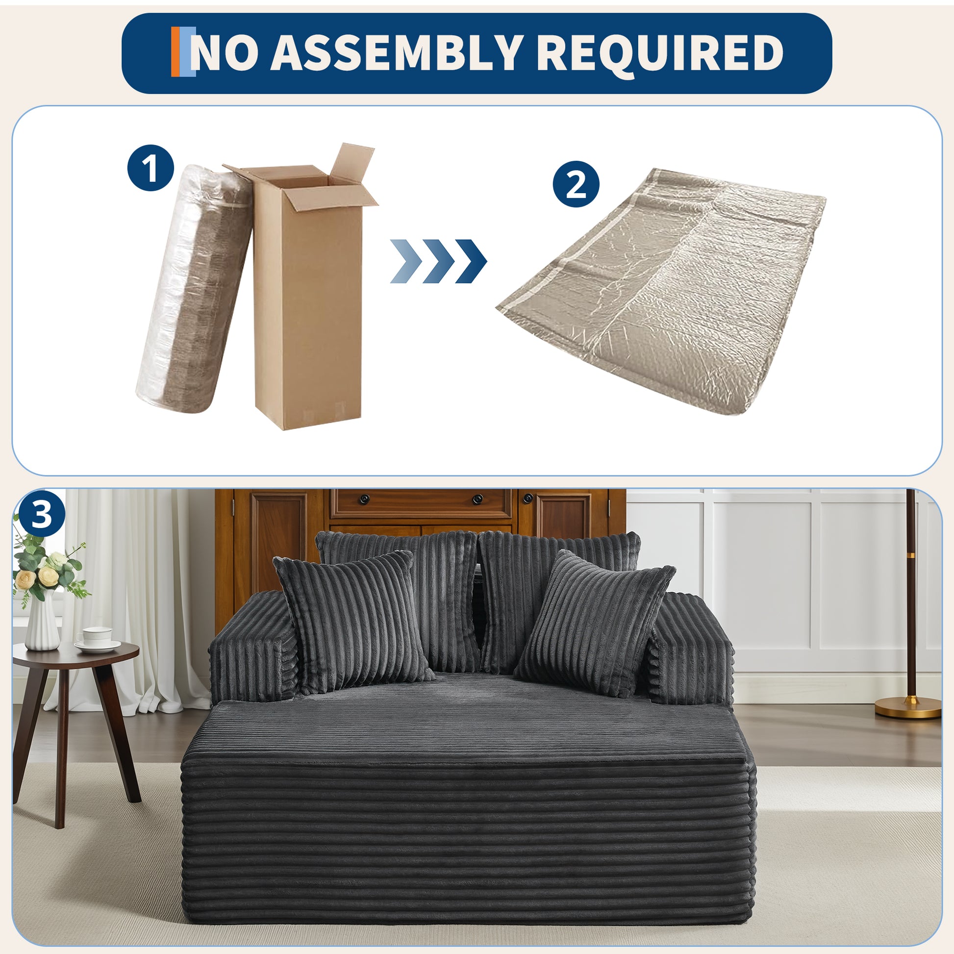 Garvee Boneless Couch 61'' Oversized Corduroy Chaise Lounge Chair, Deep Seat Cloud Sleeper Sofa Bed with 4 Fluffy Pillows & Armrests, No Assembly, for Living Room, Bedroom, Office, Grey