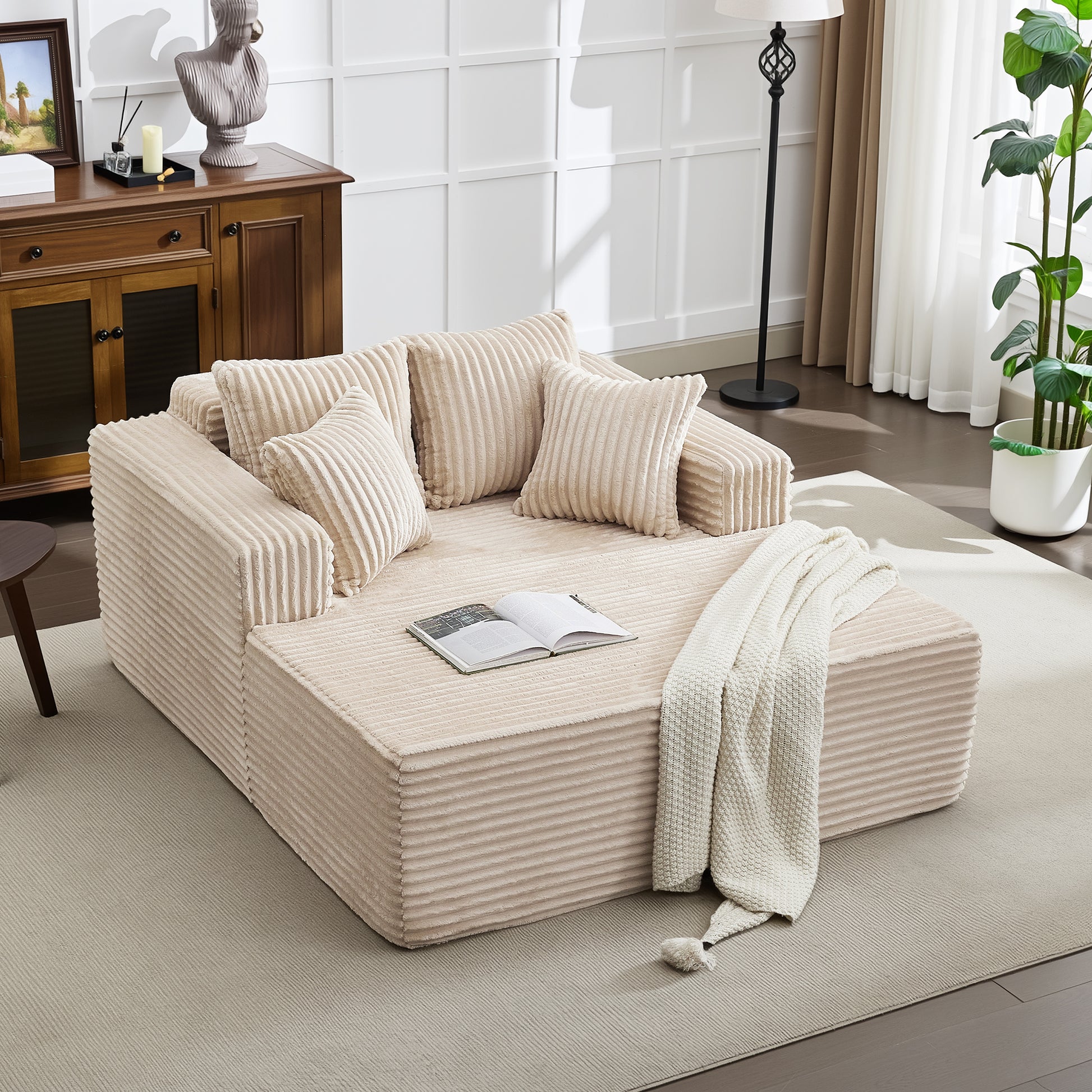 Garvee Boneless Couch 61'' Oversized Corduroy Chaise Lounge Chair, Deep Seat Cloud Sleeper Sofa Bed with 4 Fluffy Pillows & Armrests, No Assembly, for Living Room, Bedroom, Office, Camel