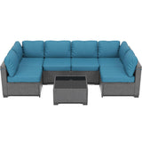 Garvee 7-Piece Outdoor Patio Sectional Sofa, All-Weather PE Wicker Conversation Set with Cushions & Glass Coffee Table for Patio, Porch, Garden, Poolside, Grey +Peacock Blue - Gray + Peacock Blue