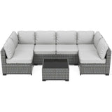 Garvee 7-Piece Outdoor Patio Sectional Sofa, All-Weather PE Wicker Conversation Set with Cushions & Glass Coffee Table for Patio, Porch, Garden, Poolside, Grey + Grey - Grey + Grey