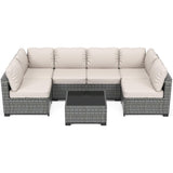 Garvee 7-Piece Outdoor Patio Sectional Sofa, All-Weather PE Wicker Conversation Set with Cushions & Glass Coffee Table for Patio, Porch, Garden, Poolside, Grey + Beige - Gray + Beige