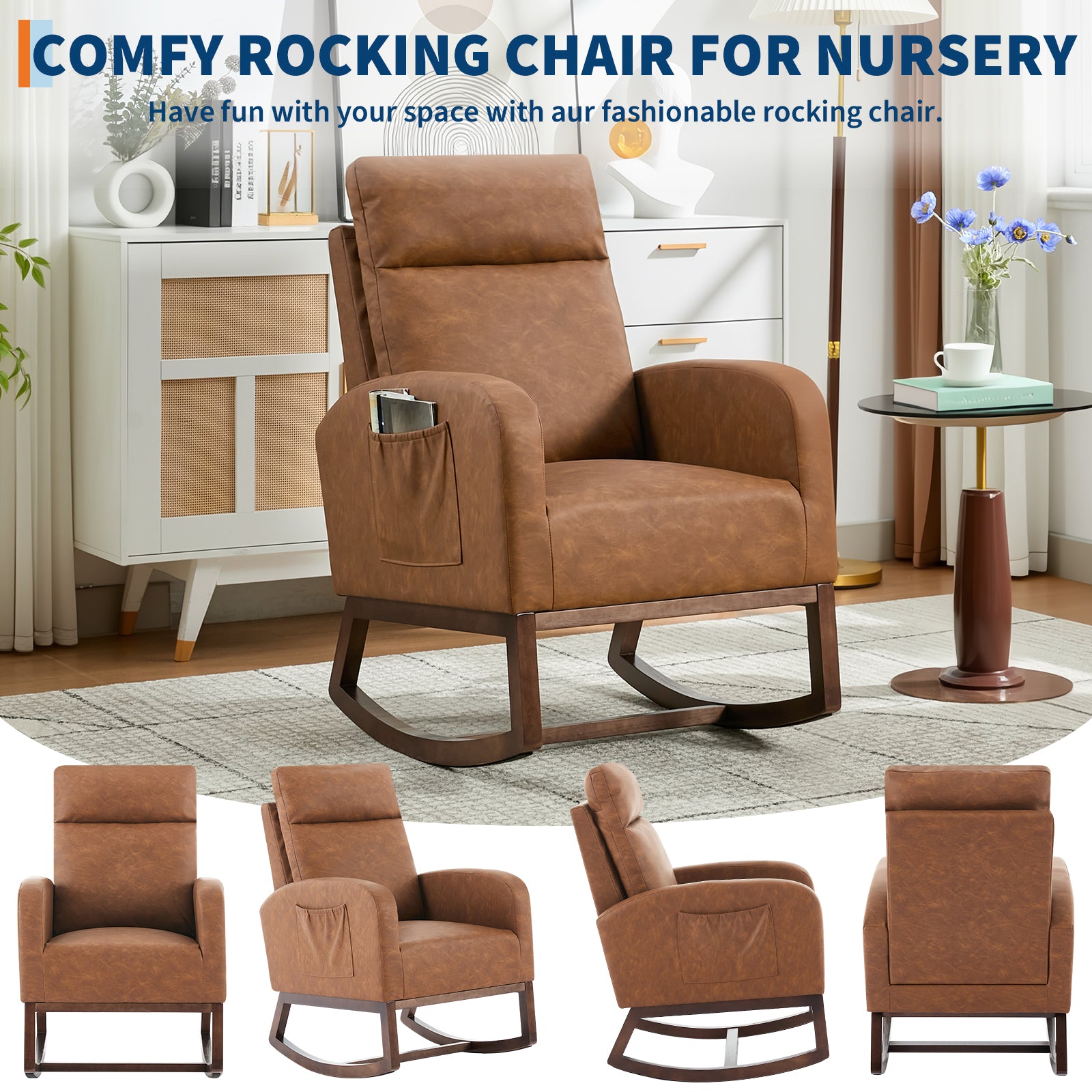 Garvee Rocking Chair Nursery, Modern PU Fabric Upholstered Glider Rocker Side Pocket, High Backrest Padded Seat Accent Armchair for Living Room, Nursery, Bedroom, Brown