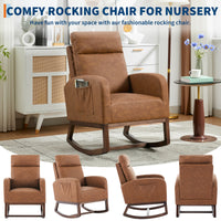 Garvee Rocking Chair Nursery, Modern PU Fabric Upholstered Glider Rocker Side Pocket, High Backrest Padded Seat Accent Armchair for Living Room, Nursery, Bedroom, Brown