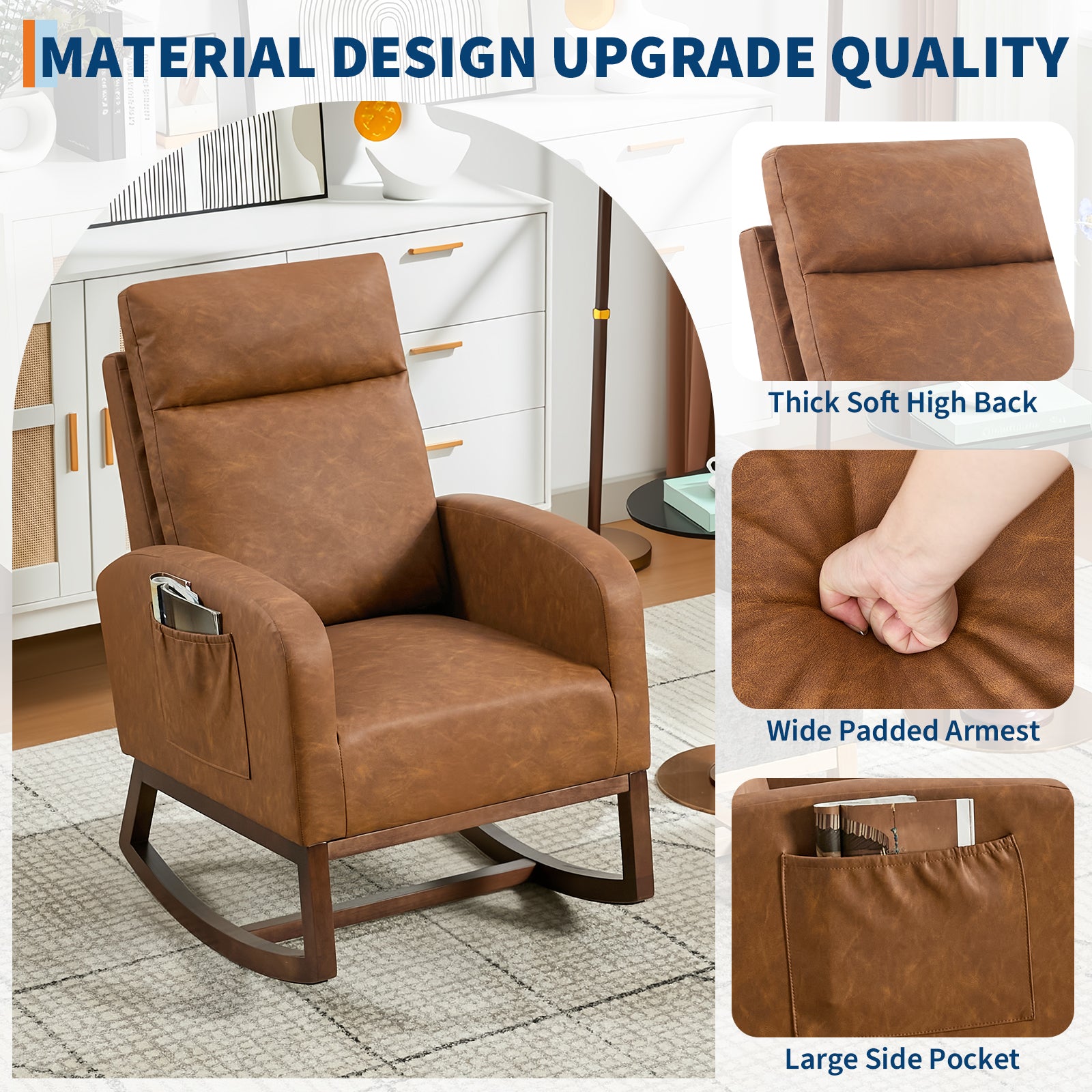 Garvee Rocking Chair Nursery, Modern PU Fabric Upholstered Glider Rocker Side Pocket, High Backrest Padded Seat Accent Armchair for Living Room, Nursery, Bedroom, Brown