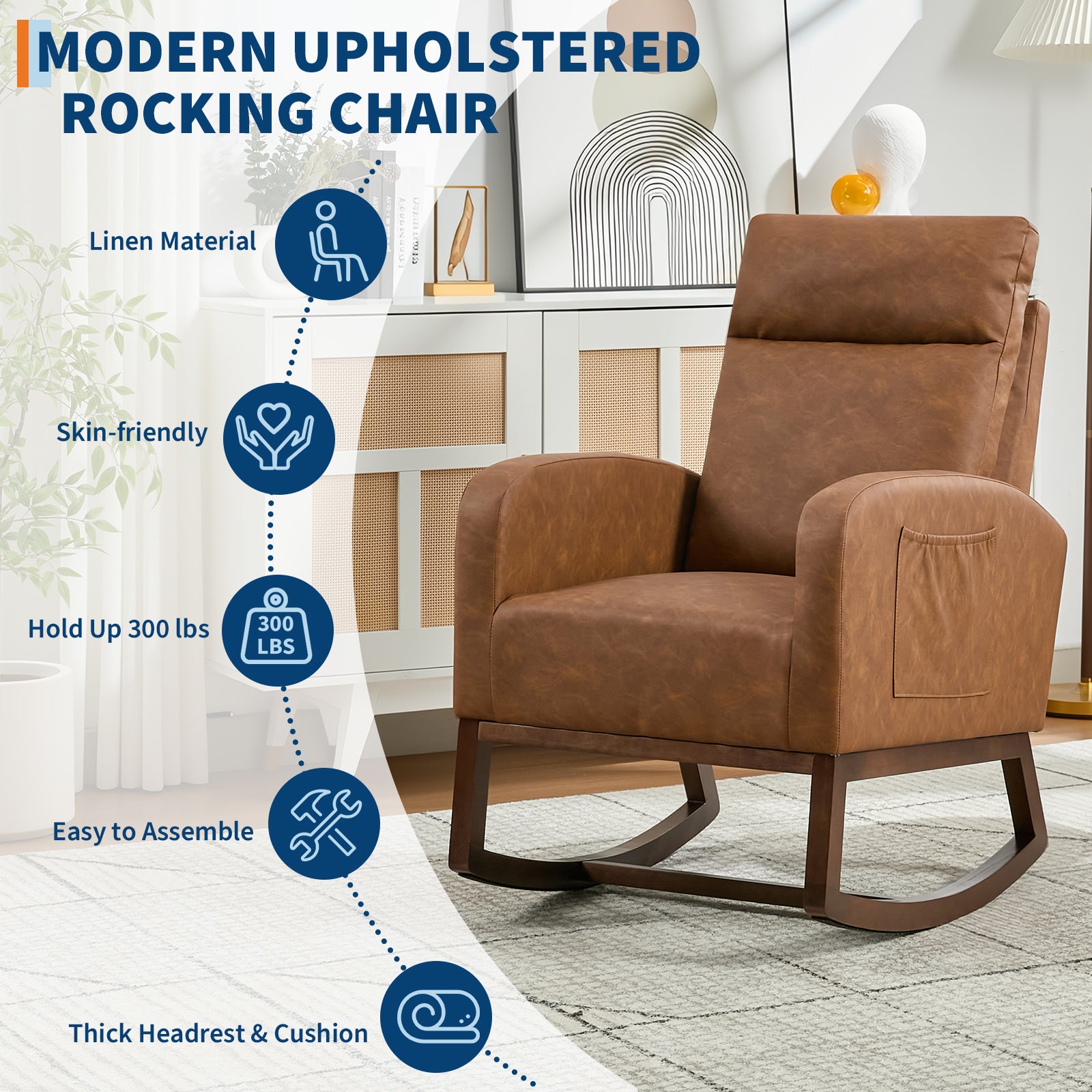 Garvee Rocking Chair Nursery, Modern PU Fabric Upholstered Glider Rocker Side Pocket, High Backrest Padded Seat Accent Armchair for Living Room, Nursery, Bedroom, Brown
