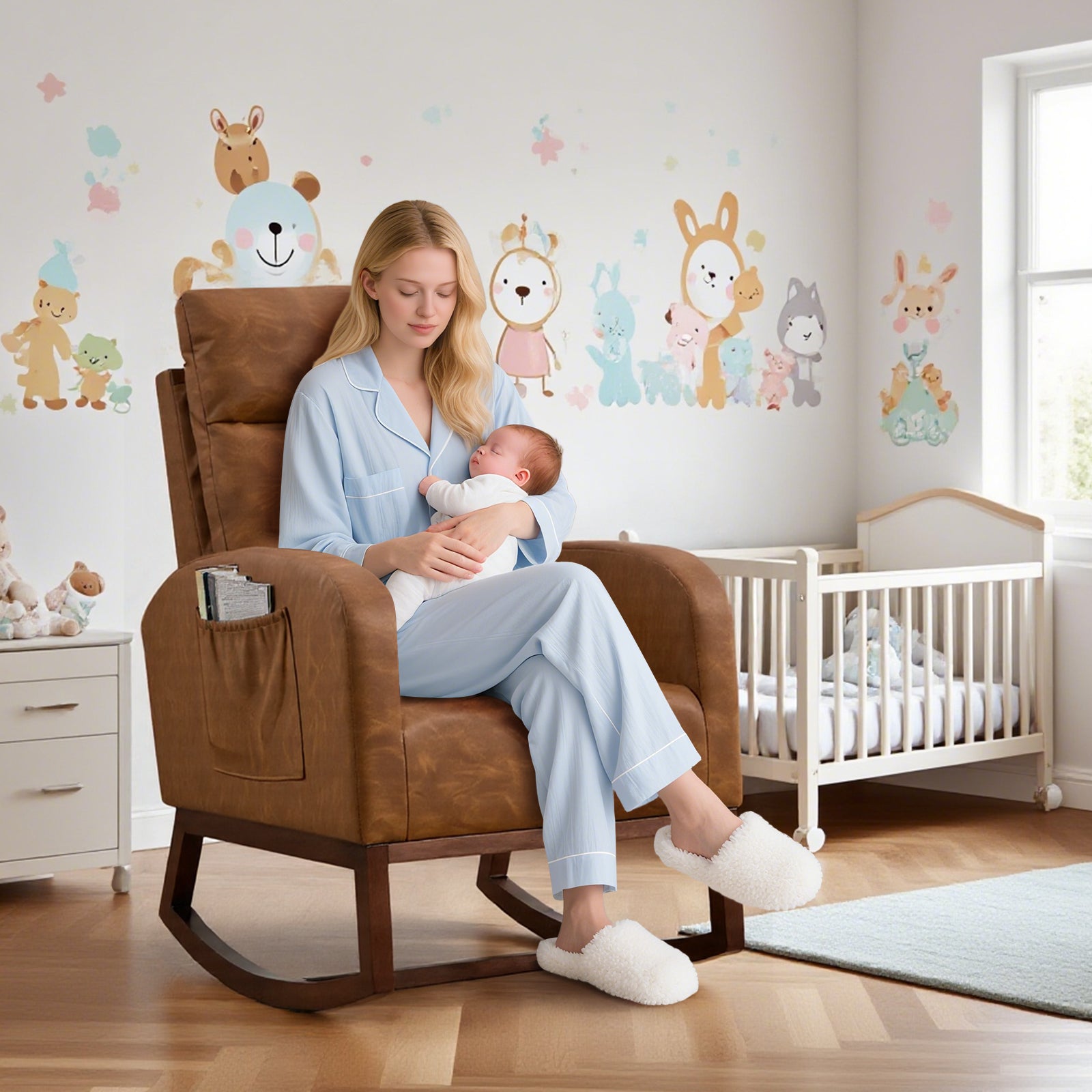 Garvee Rocking Chair Nursery, Modern PU Fabric Upholstered Glider Rocker Side Pocket, High Backrest Padded Seat Accent Armchair for Living Room, Nursery, Bedroom, Brown