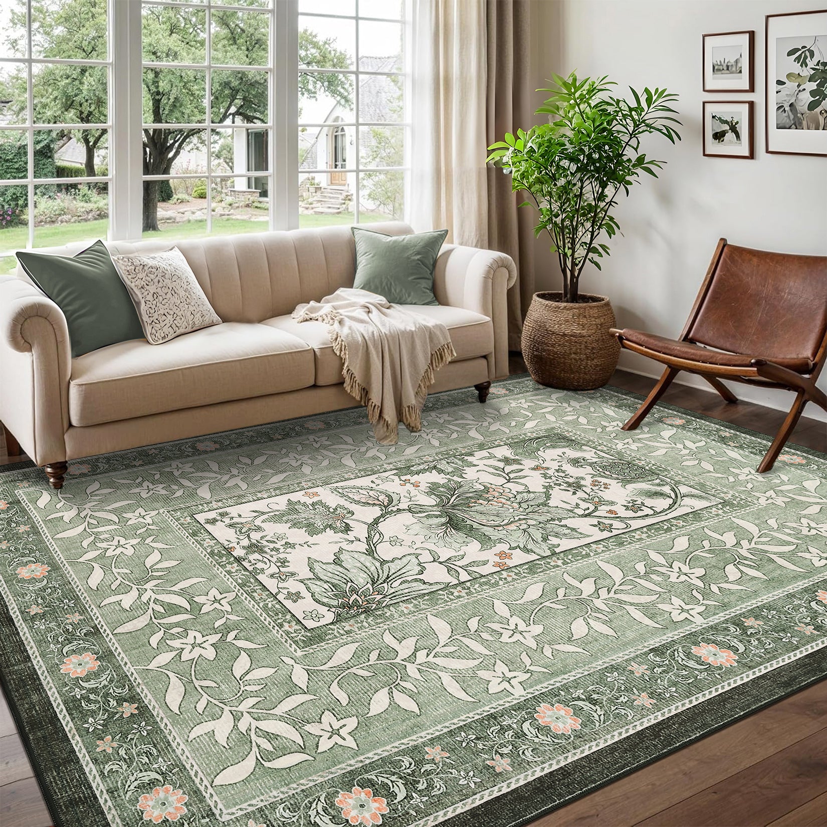 Garvee Provence 8x10 Area Rug Botanical Grove Sage Green Washable Low-Pile Vintage Carpet for Living Room Bedroom Dining Nursery, Green