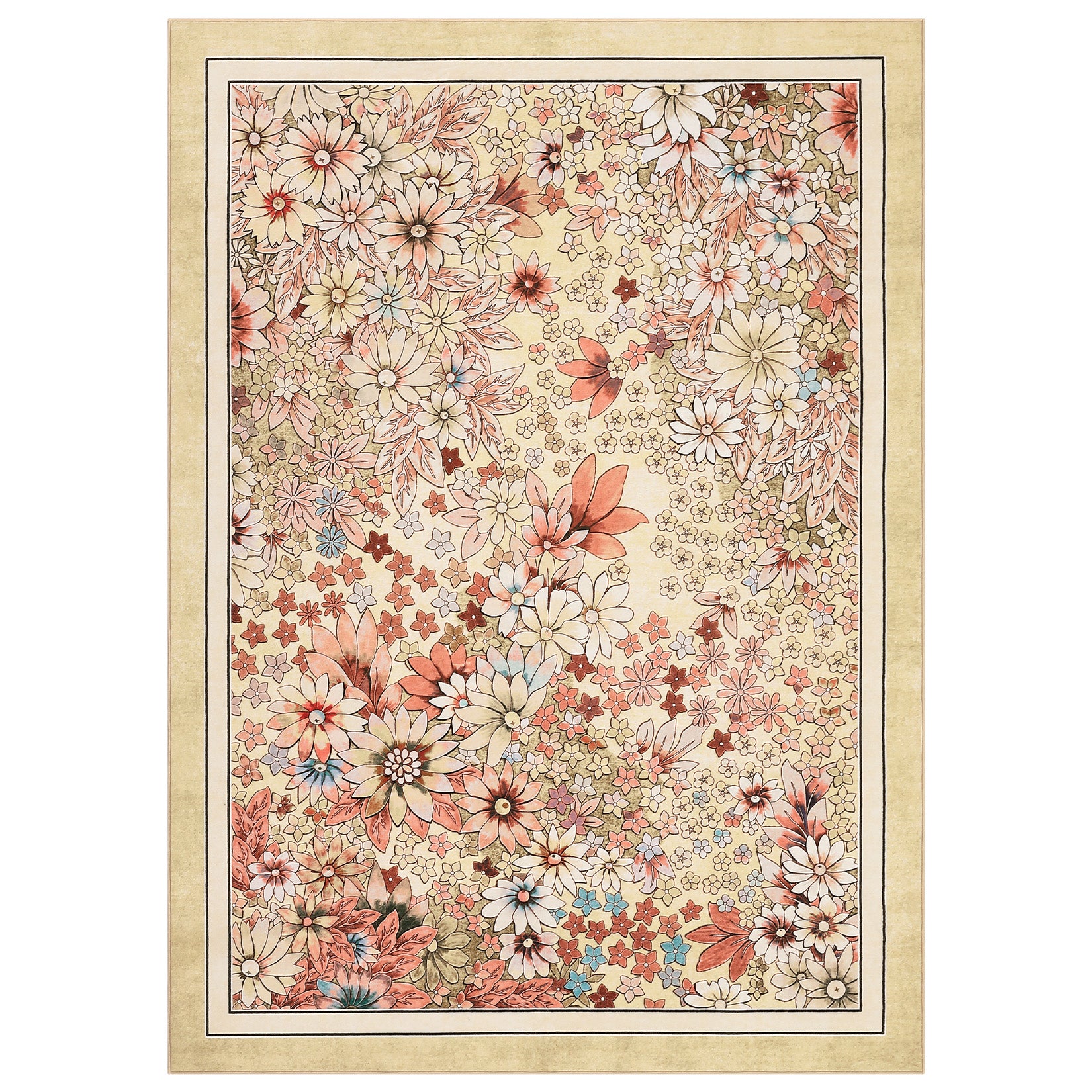 Garvee 8x10 Area Rugs Washable Boho Non Slip Floral Vintage Low Pile Large Carpet Yellow for Living Room Bedroom Farmhouse Dining Room Kids Playroom