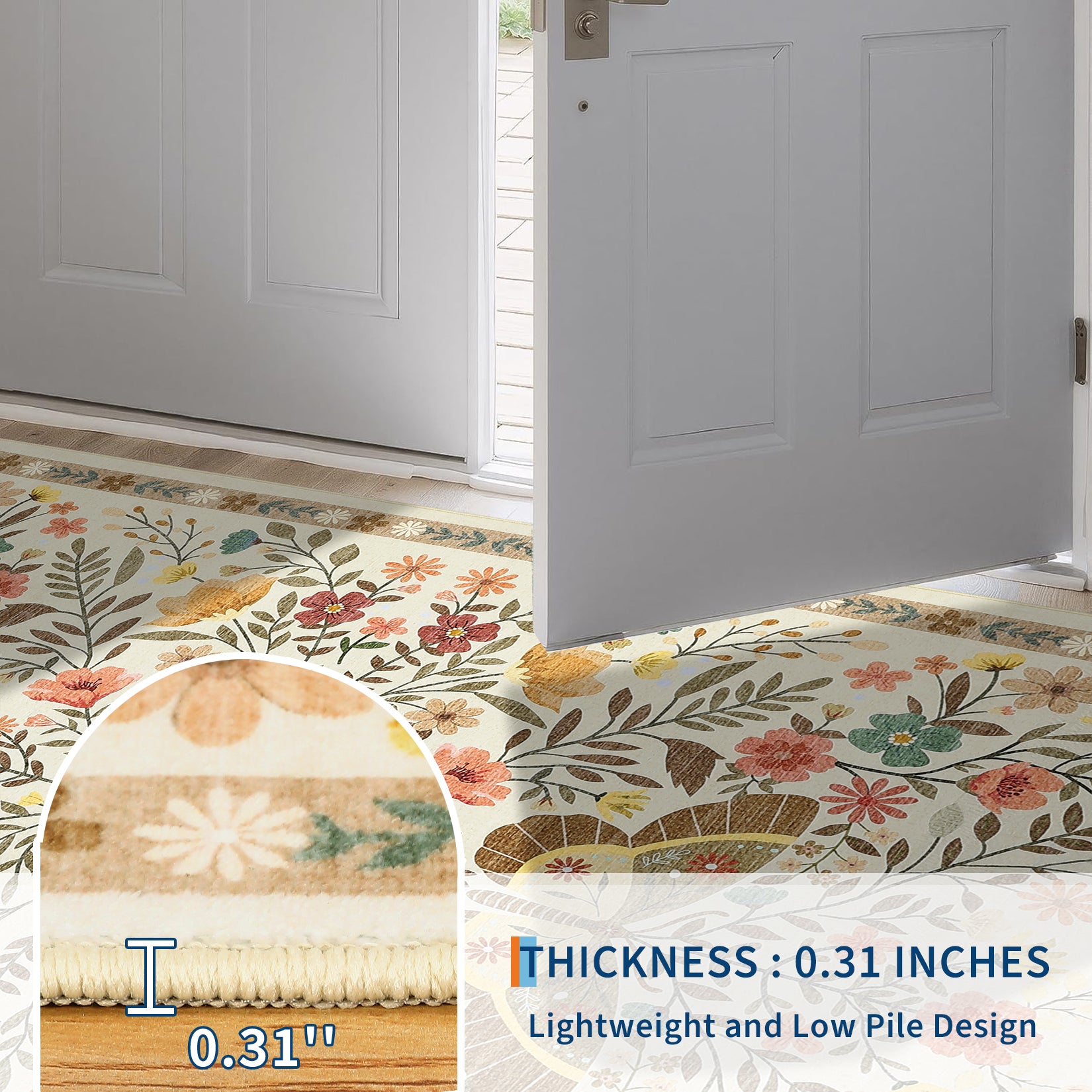 Garvee Large Rug for Bedroom 8x10 Farmhouse Floral Butterfly Living Room Carpet, Non-Slip Foldable Indoor Floor Mats, Machine Washable Low Pile Accent Rug for Dining Room, Kitchen, Office, Beige
