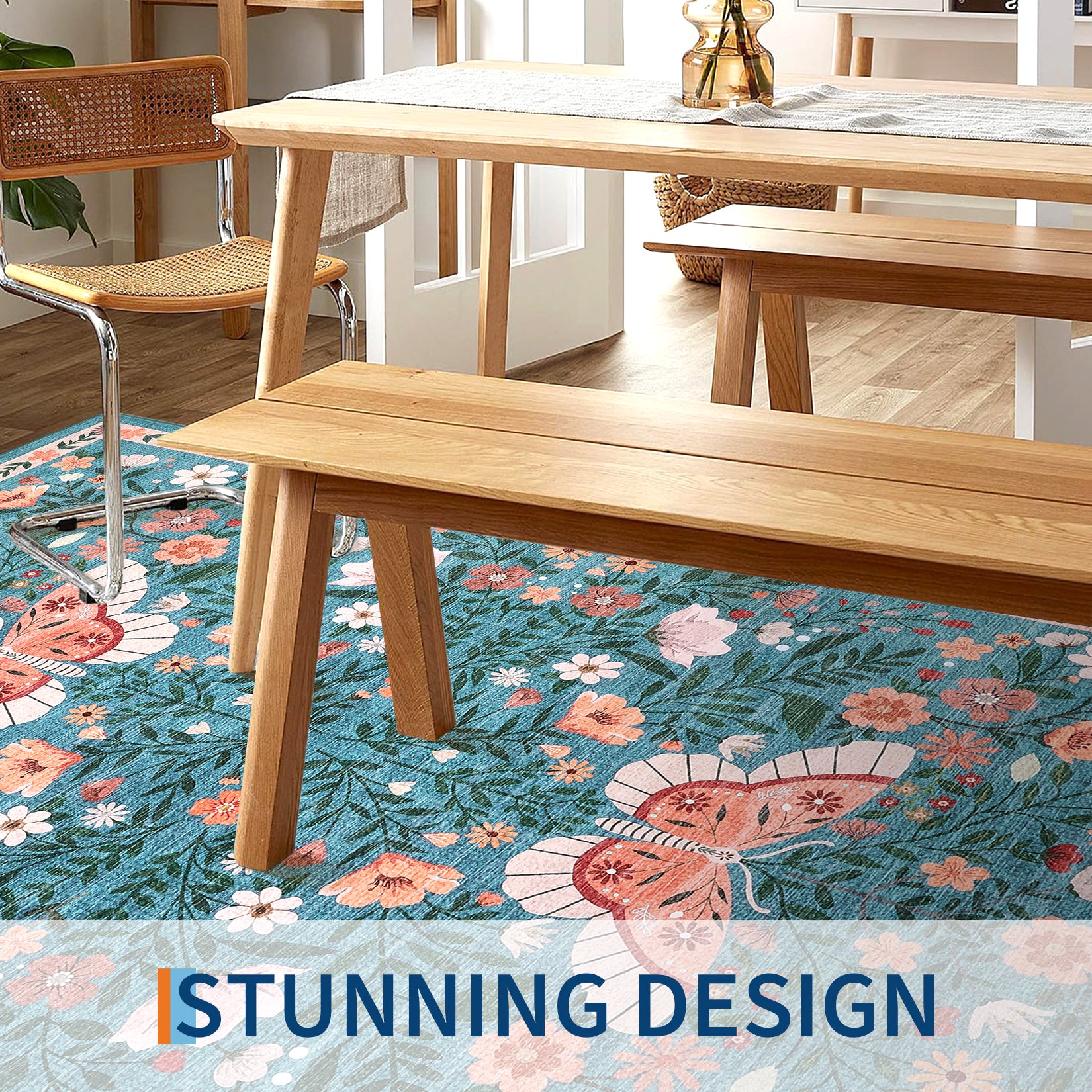 Garvee Butterfly Floral Runner Rug for Hallway 2x6 Farmhouse Carpet Runner, Stain-Resistant Thin Bedside Rug, Vintage Print Indoor Floor Carpet for Kitchen, Laundry Room, Bedroom, Blue
