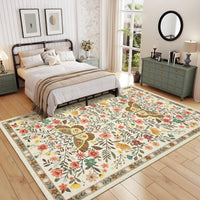Garvee Large Rug for Bedroom 8x10 Farmhouse Floral Butterfly Living Room Carpet, Non-Slip Foldable Indoor Floor Mats, Machine Washable Low Pile Accent Rug for Dining Room, Kitchen, Office, Beige