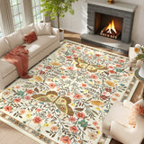 Garvee Large Rug for Bedroom 8x10 Farmhouse Floral Butterfly Living Room Carpet, Non-Slip Foldable Indoor Floor Mats, Machine Washable Low Pile Accent Rug for Dining Room, Kitchen, Office, Beige - Beige