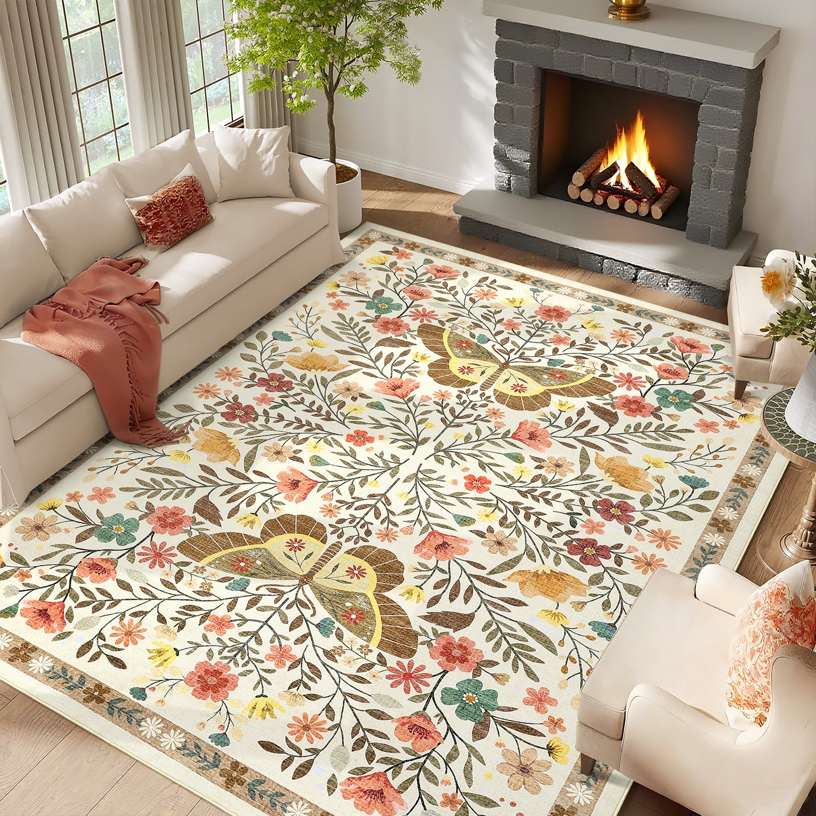 Garvee Large Rug for Bedroom 8x10 Farmhouse Floral Butterfly Living Room Carpet, Non-Slip Foldable Indoor Floor Mats, Machine Washable Low Pile Accent Rug for Dining Room, Kitchen, Office, Beige