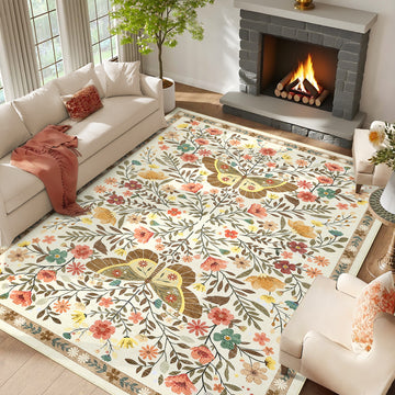 Garvee Farmhouse Dining Room Rug 9x12 Ultra-Soft Low Pile Floor Mats with Non-Slip Backing, Butterfly Floral Bedroom Carpet, Foldable Ultra-Thin Indoor Rug, Easy to Clean, for Living Room, Office, Beige