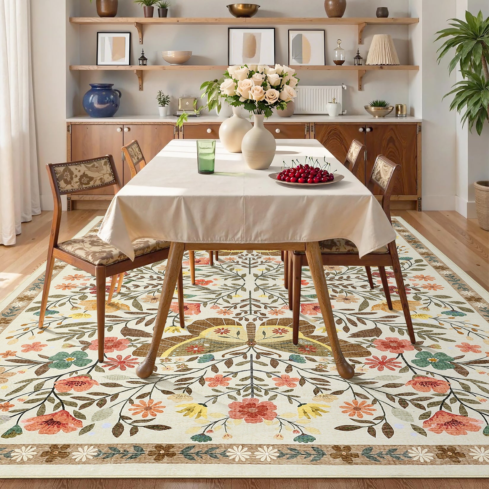 Garvee Large Rug for Bedroom 8x10 Farmhouse Floral Butterfly Living Room Carpet, Non-Slip Foldable Indoor Floor Mats, Machine Washable Low Pile Accent Rug for Dining Room, Kitchen, Office, Beige