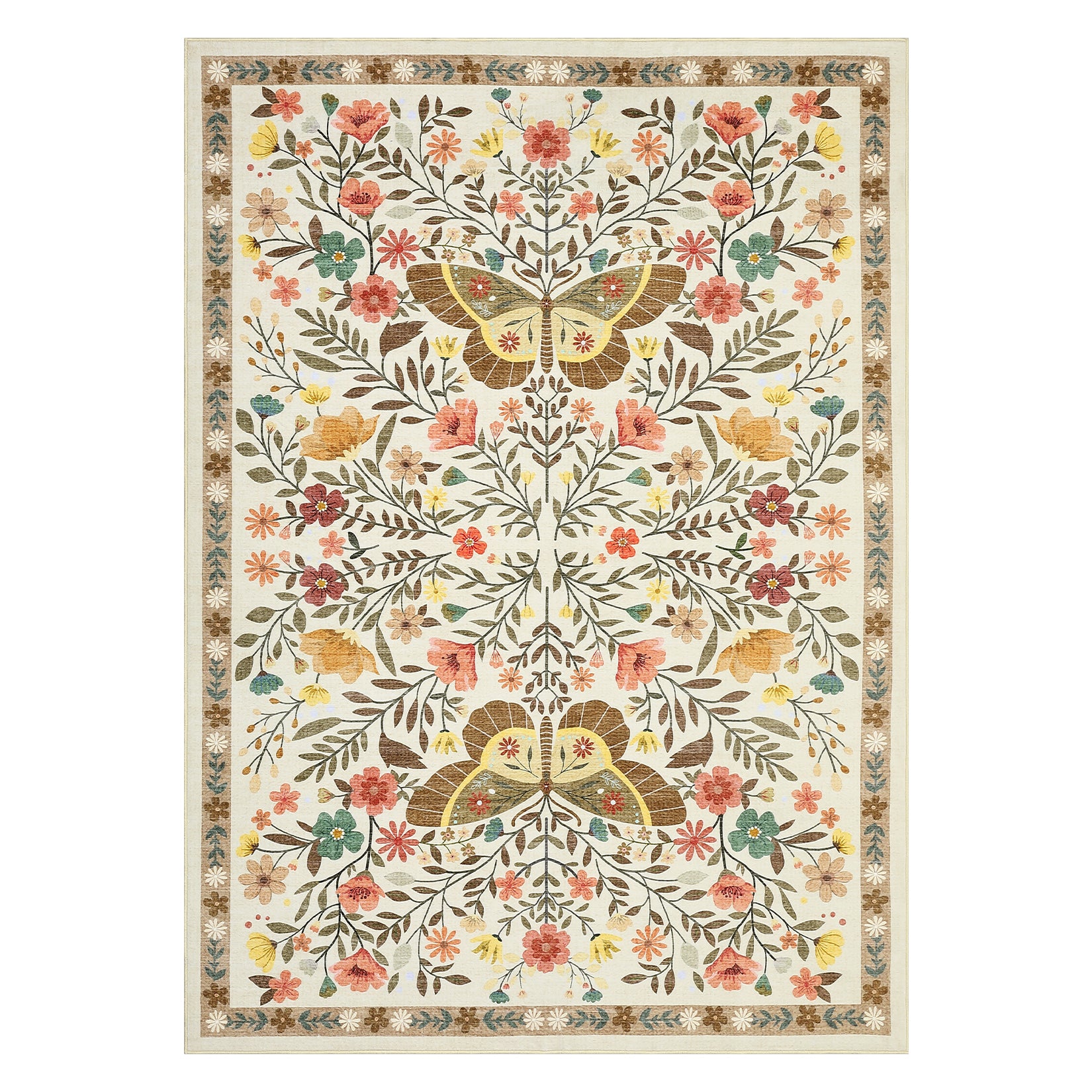 Garvee Large Rug for Bedroom 8x10 Farmhouse Floral Butterfly Living Room Carpet, Non-Slip Foldable Indoor Floor Mats, Machine Washable Low Pile Accent Rug for Dining Room, Kitchen, Office, Beige