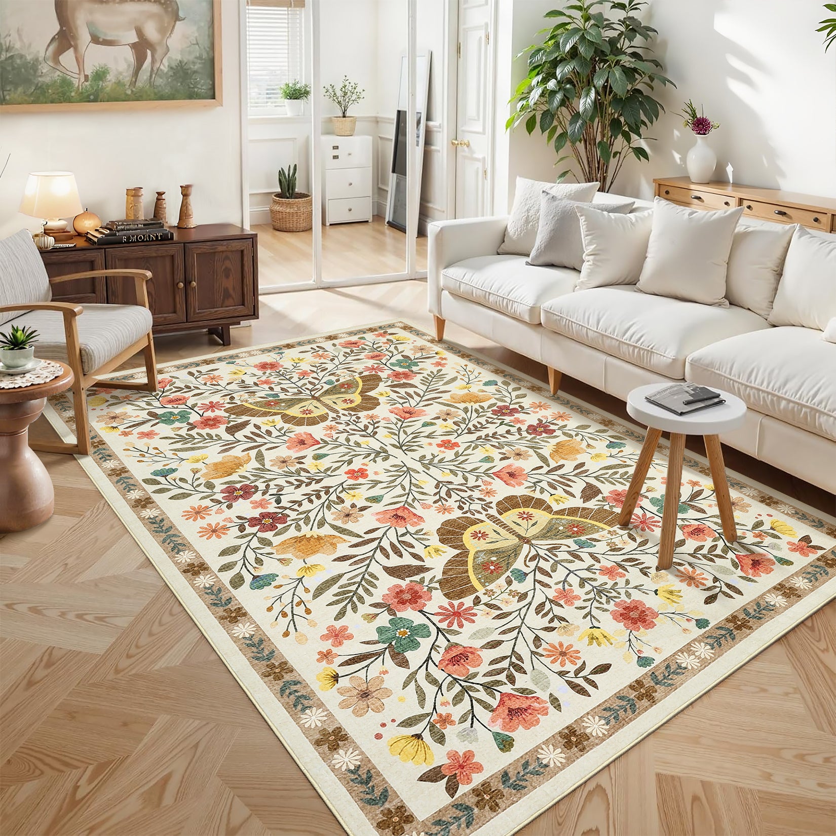 Garvee Large Rug for Bedroom 8x10 Farmhouse Floral Butterfly Living Room Carpet, Non-Slip Foldable Indoor Floor Mats, Machine Washable Low Pile Accent Rug for Dining Room, Kitchen, Office, Beige
