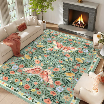 Garvee Washable Farmhouse Rug Non-Slip Floral Butterfly Bedroom Carpet, Stain-Resistant Ultra-Soft Low Pile Floor Rug, Easy Cleaning Foldable Indoor Mat for Living Room, Kitchen, Office