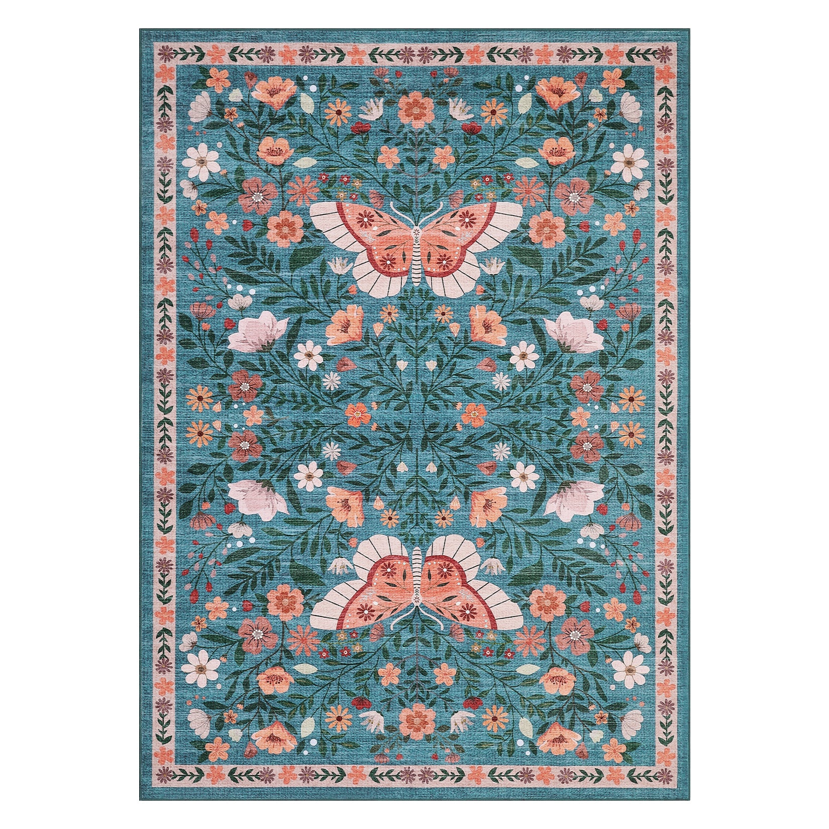 Garvee Farmhouse Dining Room Rug 9x12 Ultra-Soft Low Pile Floor Mats with Non-Slip Backing, Butterfly Floral Bedroom Carpet, Foldable Ultra-Thin Indoor Rug, Easy to Clean, for Living Room, Office, Blue