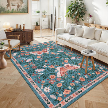 Garvee Farmhouse Area Rug for Living Room 4x6 Vintage Throw Carpet with Non-Slip Backing, Non-Shedding Butterfly Floral Indoor Rug, Machine Washable Floor Mats for Bedroom, Kitchen, Blue