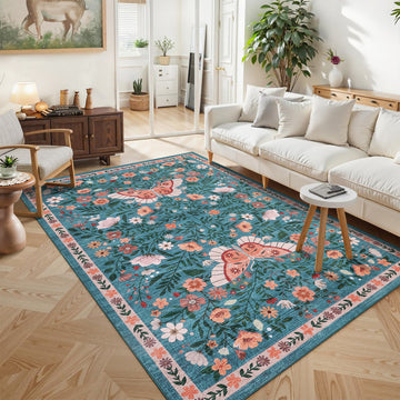 Garvee Farmhouse Area Rug for Living Room 4x6 Vintage Throw Carpet with Non-Slip Backing, Non-Shedding Butterfly Floral Indoor Rug, Machine Washable Floor Mats for Bedroom, Kitchen, Blue