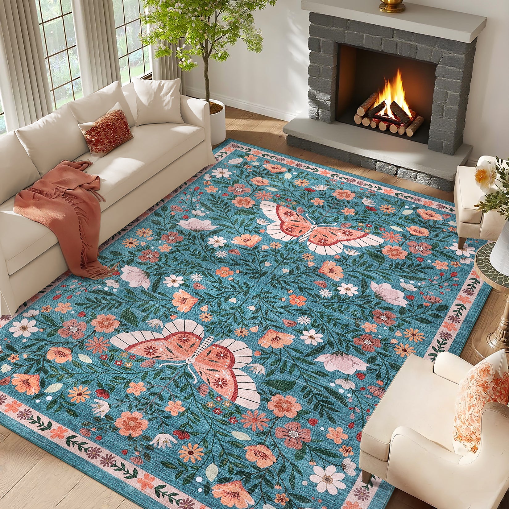 Garvee Farmhouse Dining Room Rug 9x12 Ultra-Soft Low Pile Floor Mats with Non-Slip Backing, Butterfly Floral Bedroom Carpet, Foldable Ultra-Thin Indoor Rug, Easy to Clean, for Living Room, Office, Blue