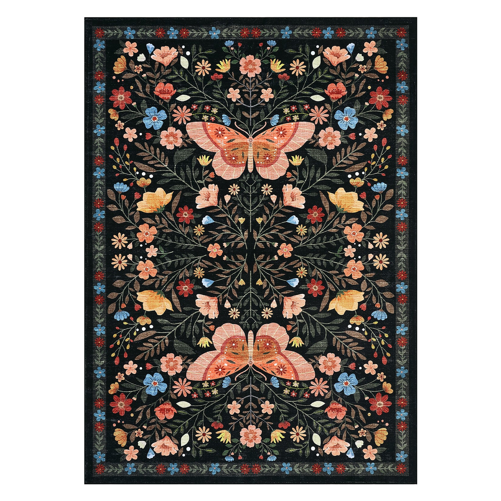 Garvee Washable Farmhouse Rug 5x7 Non-Slip Floral Butterfly Bedroom Carpet, Stain-Resistant Ultra-Soft Low Pile Floor Rug, Easy Cleaning Foldable Indoor Mat for Living Room, Kitchen, Office, Black