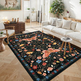 Garvee Washable Farmhouse Rug 5x7 Non-Slip Floral Butterfly Bedroom Carpet, Stain-Resistant Ultra-Soft Low Pile Floor Rug, Easy Cleaning Foldable Indoor Mat for Living Room, Kitchen, Office, Black - Black