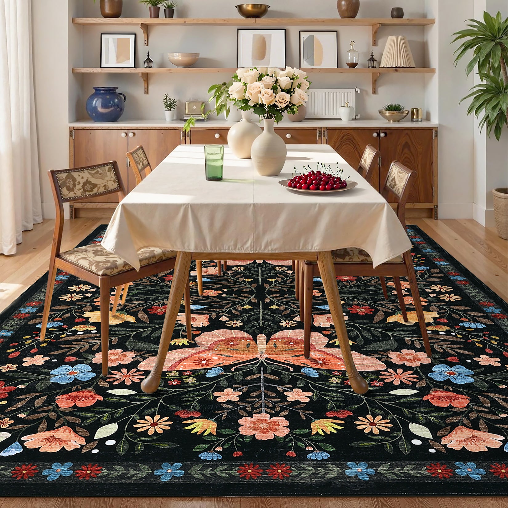 Garvee Washable Farmhouse Rug 5x7 Non-Slip Floral Butterfly Bedroom Carpet, Stain-Resistant Ultra-Soft Low Pile Floor Rug, Easy Cleaning Foldable Indoor Mat for Living Room, Kitchen, Office, Black