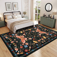 Garvee Washable Farmhouse Rug 5x7 Non-Slip Floral Butterfly Bedroom Carpet, Stain-Resistant Ultra-Soft Low Pile Floor Rug, Easy Cleaning Foldable Indoor Mat for Living Room, Kitchen, Office, Black