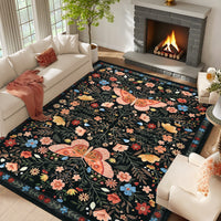 Garvee Large Rug for Bedroom 8x10 Farmhouse Floral Butterfly Living Room Carpet, Non-Slip Foldable Indoor Floor Mats, Machine Washable Low Pile Accent Rug for Dining Room, Kitchen, Office, Black