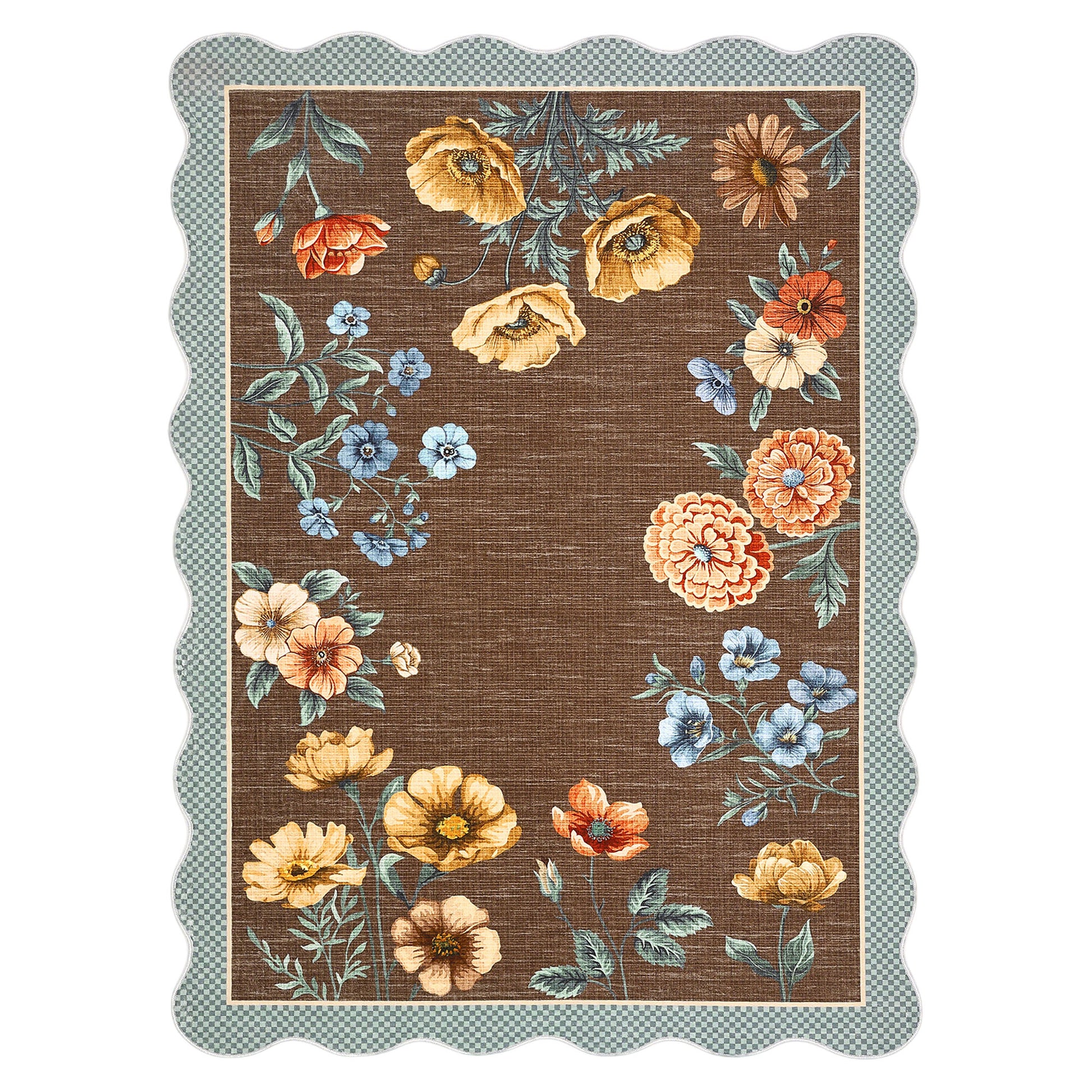 Garvee 9' x 12' Brown Scalloped Floral Area Rug, Washable Non-Slip Low-Pile Soft Botanical Rug for Living Room, Nursery, Bedroom & Dining Room, Brown