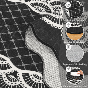 Garvee Scalloped Black 9x12 Washable Area Rug, Modern Neutral Living Room Rugs, Large Scalloped Farmhouse Rug Abstract Bordered Carpet for Bedroom Apartment Table Dorm Nursery