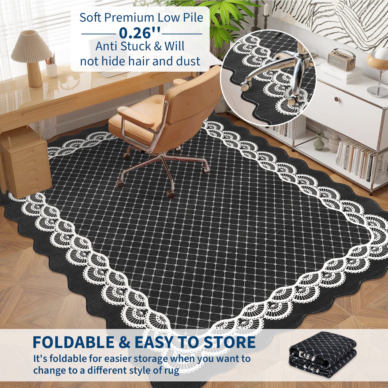 Garvee Scalloped Black 8x10 Washable Area Rug, Modern Neutral Living Room Rugs Large Scalloped Farmhouse Rug Abstract Bordered Carpet for Bedroom Apartment Table Dorm Nursery