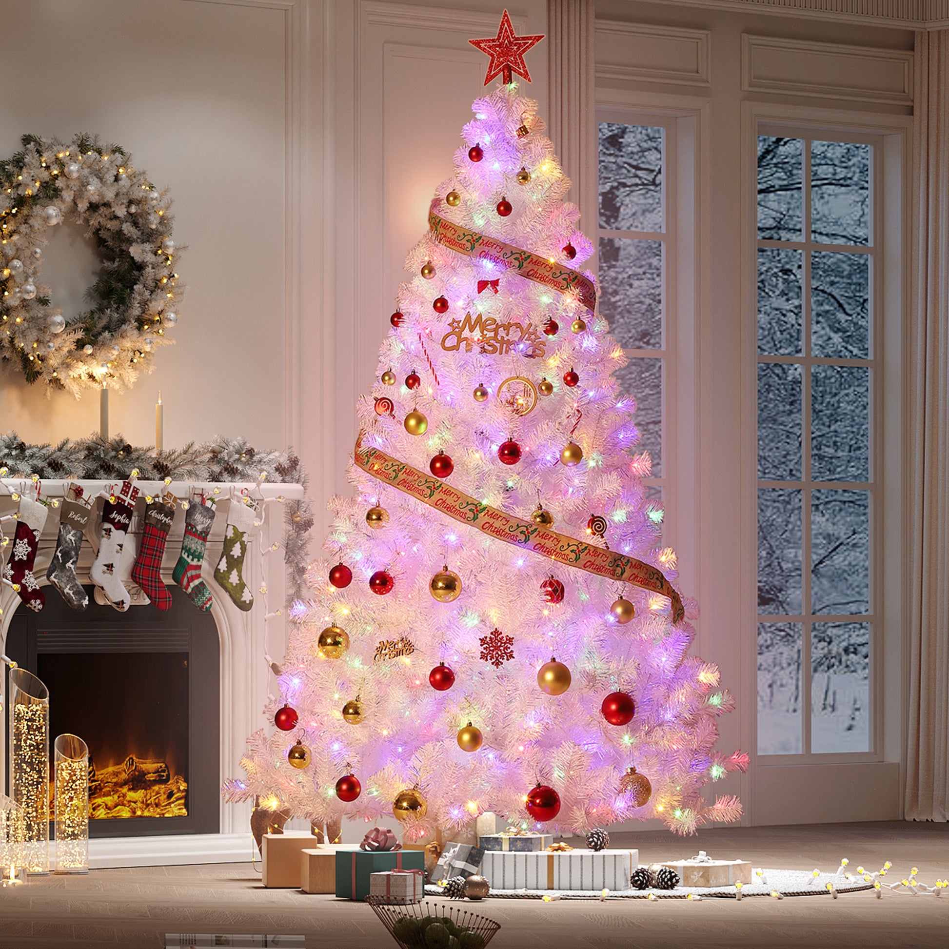 Garvee 7.5ft Prelit Christmas Tree, Rose Gold Tinsel Christmas Tree with 450 Dual-color LED Lights & Sturdy Stand, Sparkle Xmas Decorations for Homes Offices, Parties