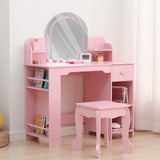 Garvee Kids Vanity with Lighted Mirror & Stool, Little Girls Vanity and Wooden Makeup Playset with Adjustable LED Light, Bookshelf, Storage Drawer & Shelves for Girls 3-9, Pink - Pink