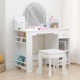 Garvee Kids Vanity with Lighted Mirror, 2 In 1 Little Girls Vanity Table & Stool, Kids Makeup Table with Bookshelf, Drawer & Open Shelves for 3-9 Yrs Girls, White - White