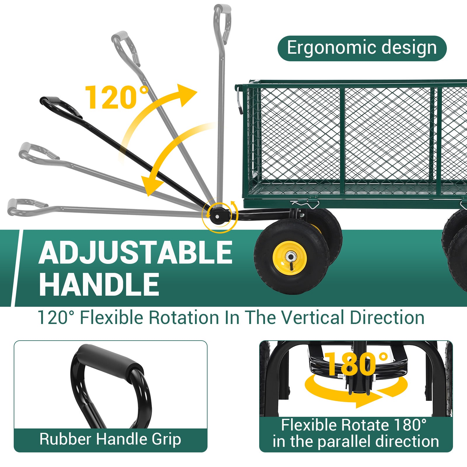 Garvee Heavy Duty Steel Garden Cart 1100 LBS Load 3-in-1 Design 10" Pneumatic Tires 180° Rotating Handle Removable Sides for Farm Yard
