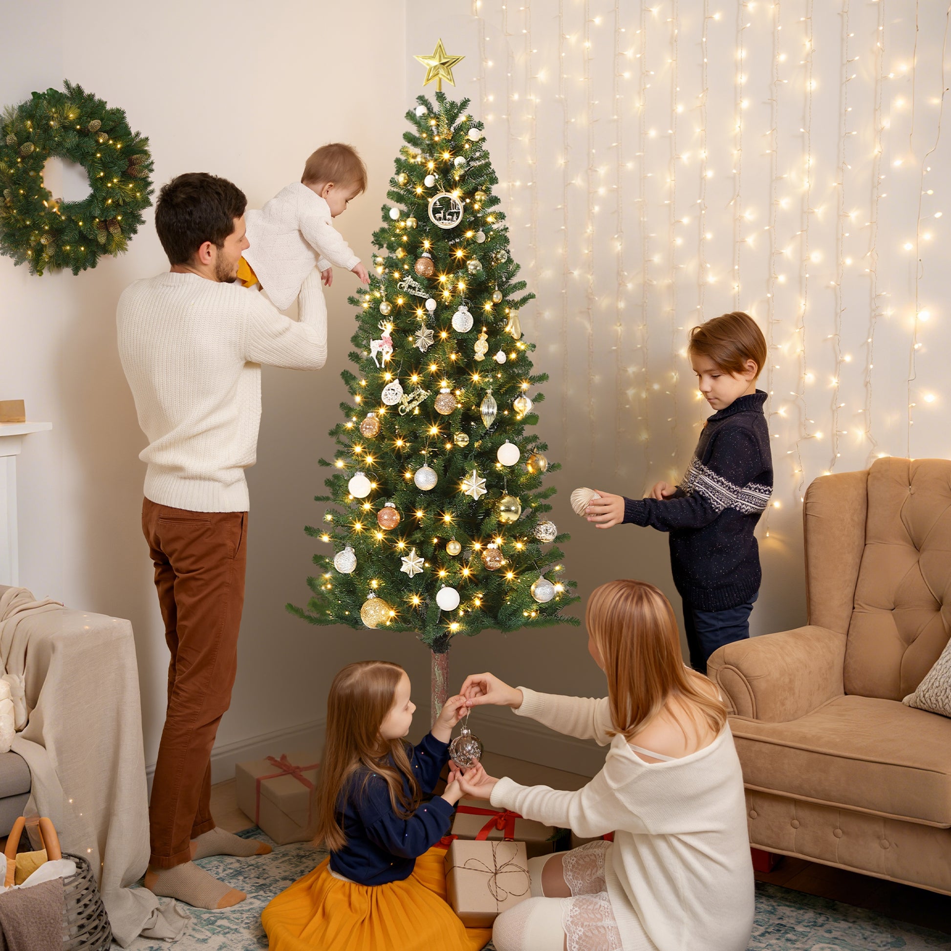 Garvee 7.5ft Pencil Christmas Tree, Pre-lit Alpine Slim Xmas Tree with Lighted Skinny Décor LED Lights, Metal Stand Holiday Decoration for Home, Office, Outdoor, Party