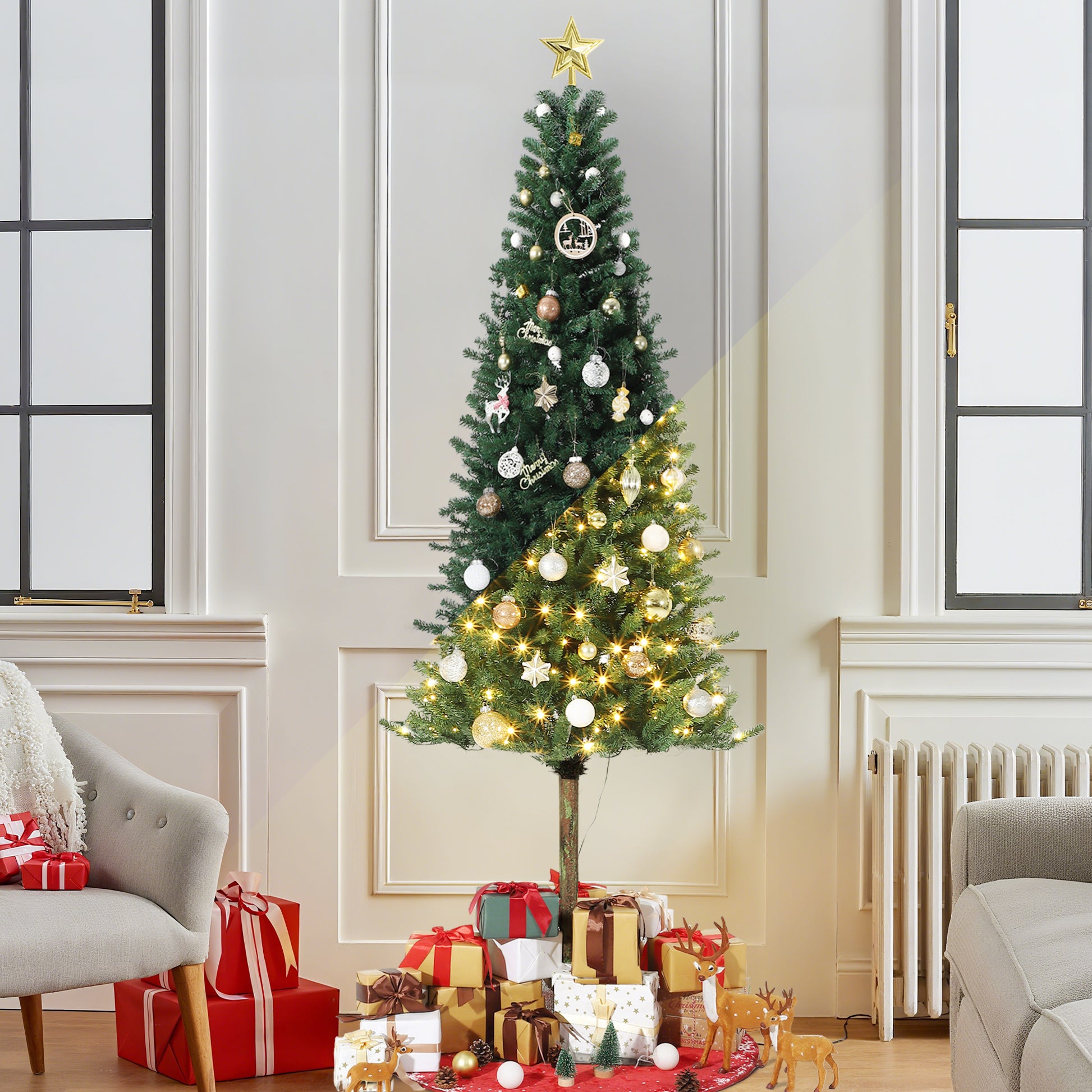 Garvee 7.5ft Pencil Christmas Tree, Pre-lit Alpine Slim Xmas Tree with Lighted Skinny Décor LED Lights, Metal Stand Holiday Decoration for Home, Office, Outdoor, Party