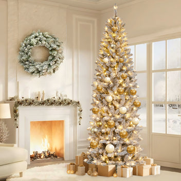 Garvee 9ft Pre-lit Artificial Christmas Tree, Snow-Flocked Pencil Xmas Tree with Warm White Lights, Snowy PVC Branch Tips, Seasonal Decoration Tree for Home Office