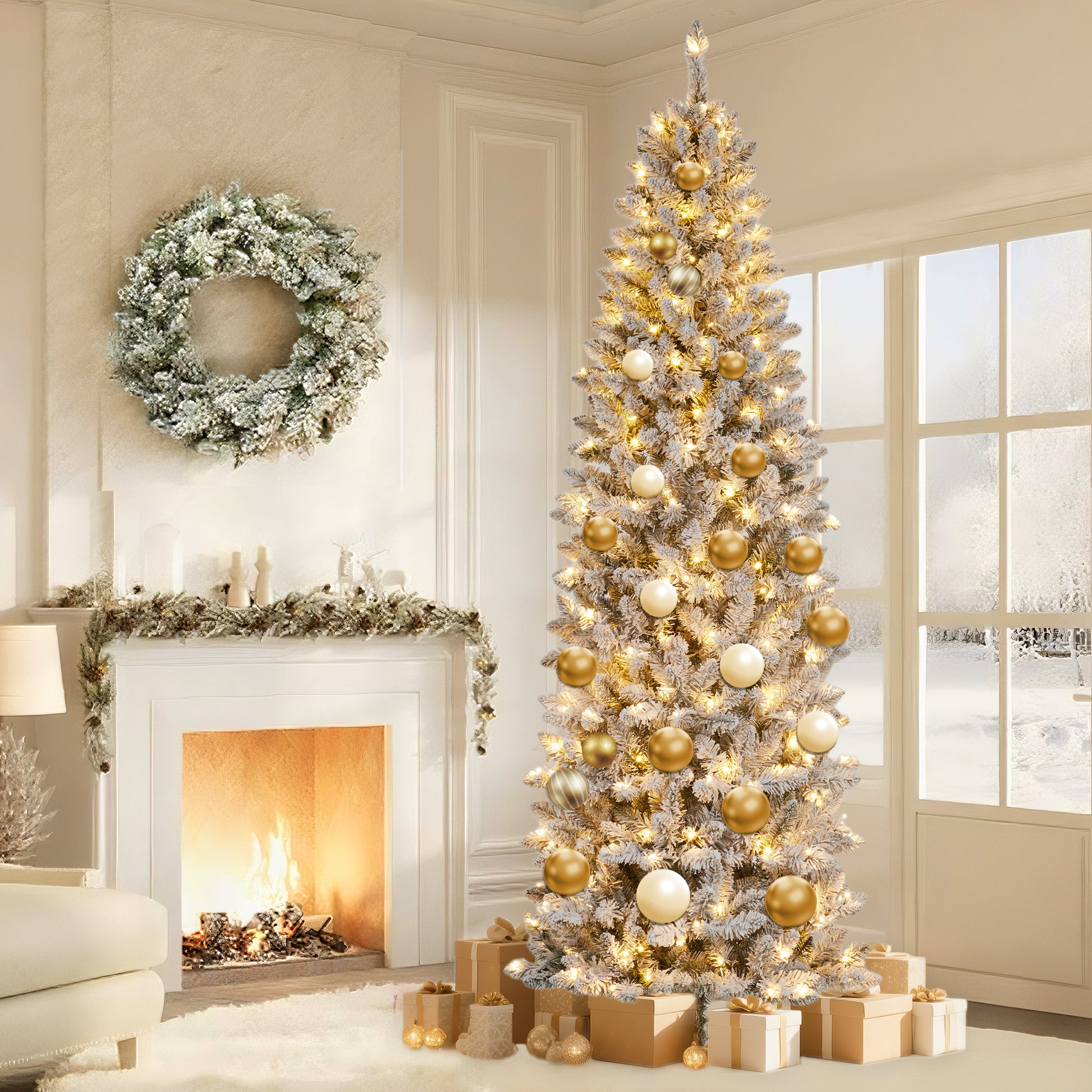 Garvee 9ft Pre-lit Artificial Christmas Tree, Snow-Flocked Pencil Xmas Tree with Warm White Lights, Snowy PVC Branch Tips, Seasonal Decoration Tree for Home Office