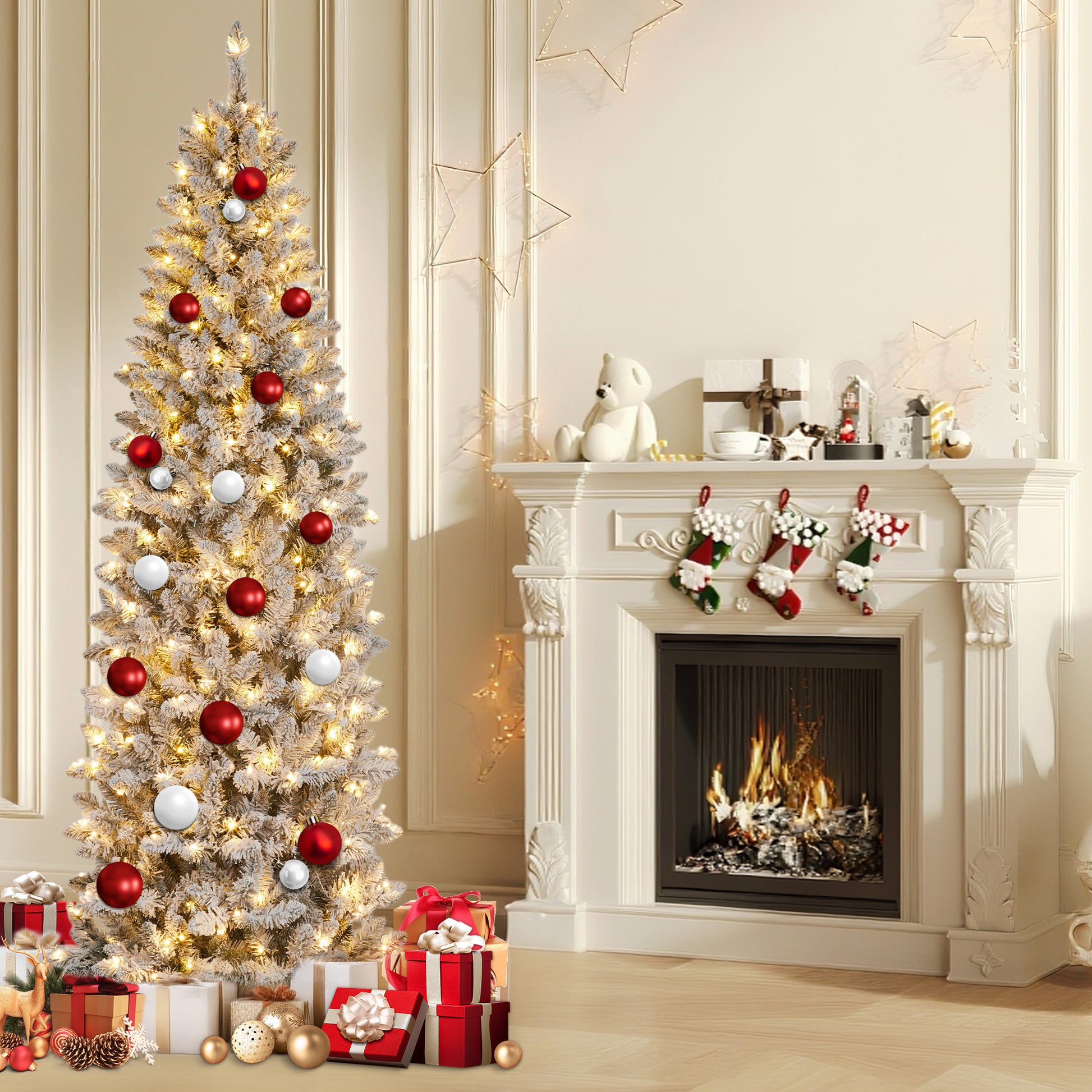 Garvee 12ft Pre-lit Artificial Christmas Tree, Snow-Flocked Pencil Xmas Tree with Warm White Lights, Snowy PVC Branch Tips, Seasonal Decoration Tree for Home Office