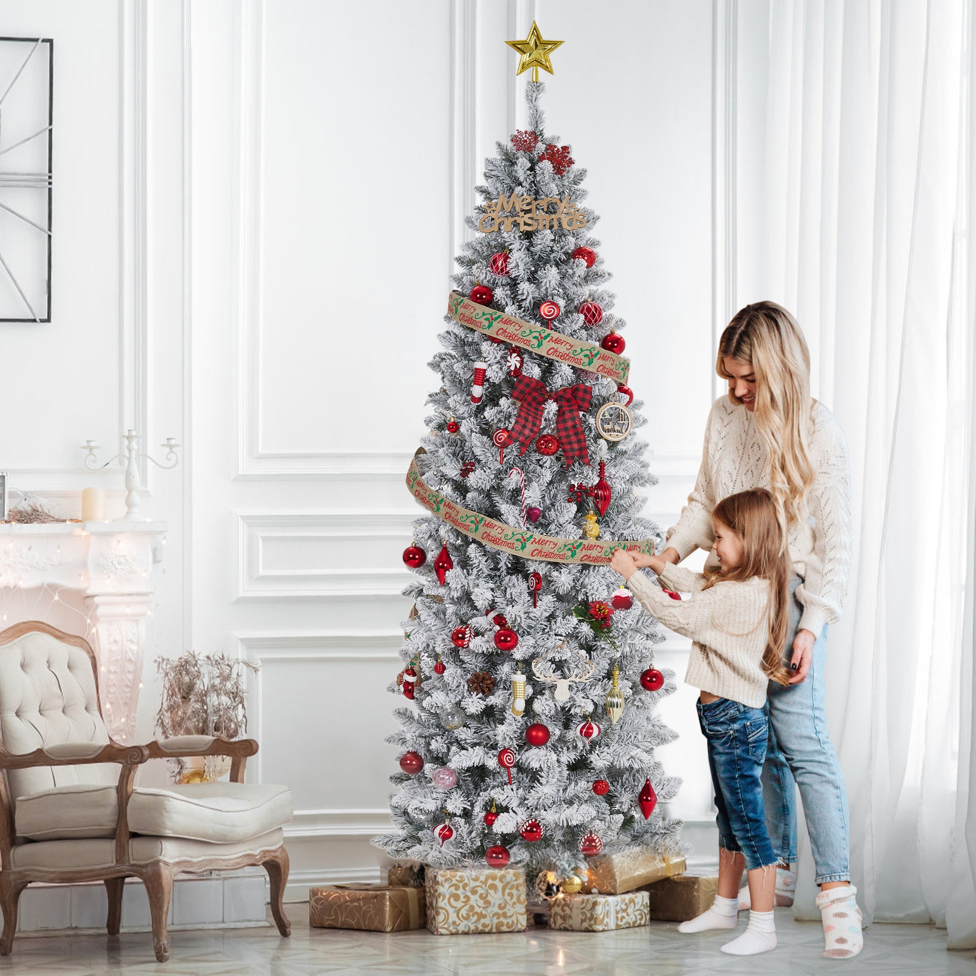 Garvee 9ft Pre-lit Artificial Christmas Tree, Snow-Flocked Pencil Xmas Tree with Warm White Lights, Snowy PVC Branch Tips, Seasonal Decoration Tree for Home Office