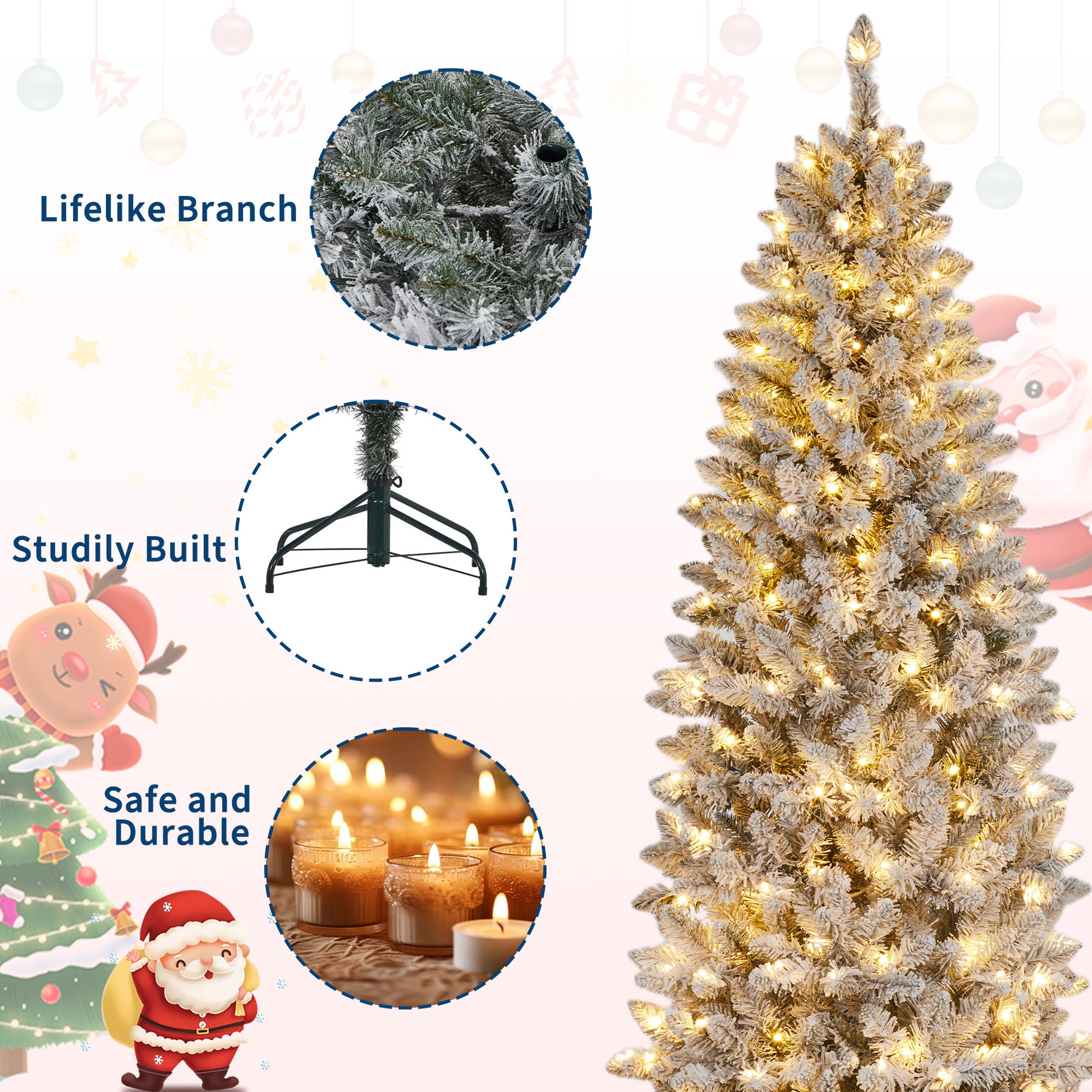 Garvee 12ft Pre-lit Artificial Christmas Tree, Snow-Flocked Pencil Xmas Tree with Warm White Lights, Snowy PVC Branch Tips, Seasonal Decoration Tree for Home Office